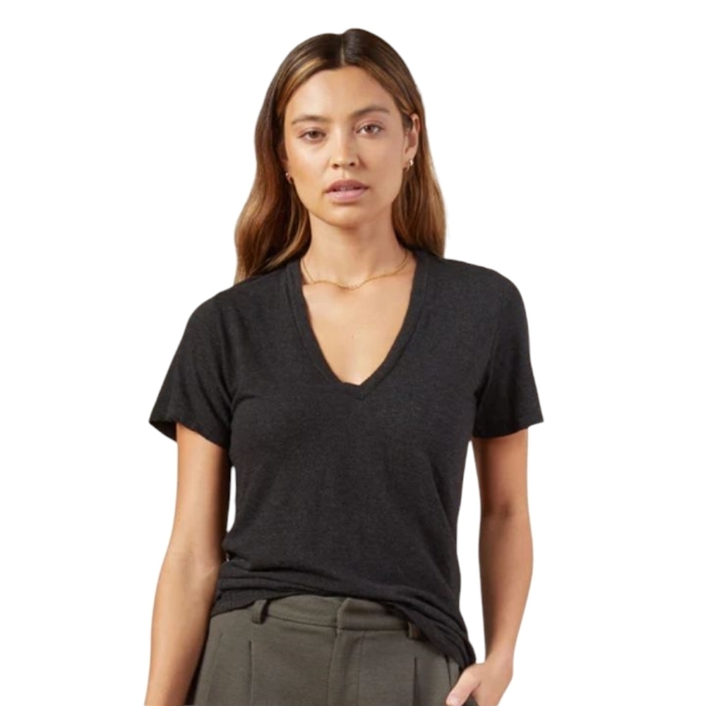 Monrow Black Slub Knit Linen V Neck Short Sleeve T Shirt Size Small